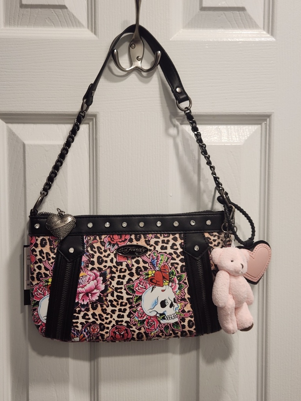 Ed Hardy Cheetah Shoulder Bag Handbag Skulls Roses Studded Removable Charms - Picture 1 of 14